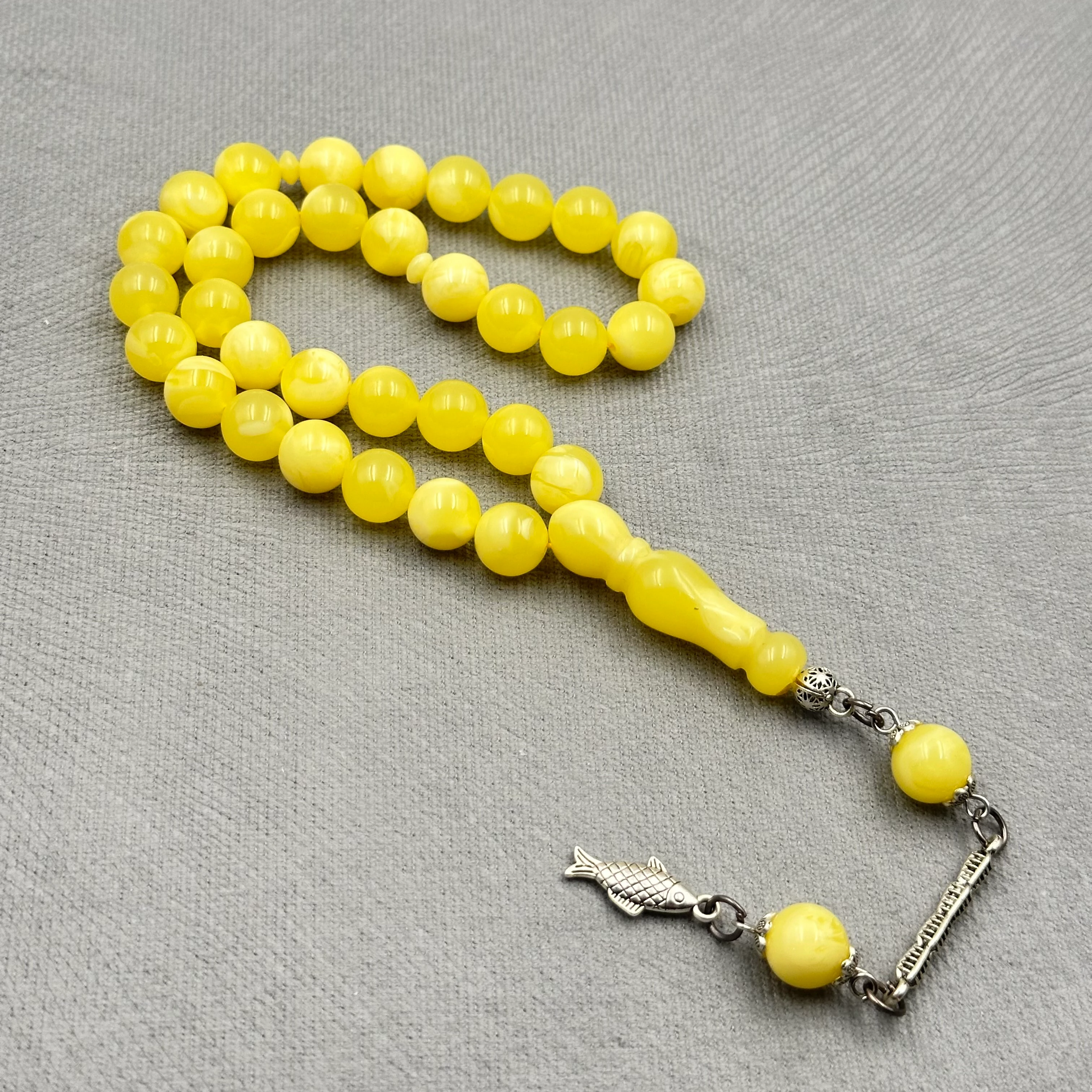 Beyaz Hareli Beyrut Damla Kehribar Gümüş Püsküllü Usta Yapımı Tespih